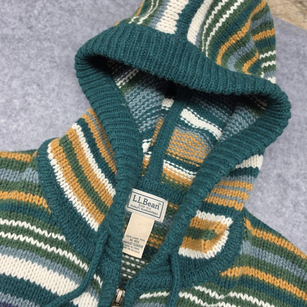 LL Bean Mens XL Lambswool Full Zip Hooded Striped Sweater Green Multi 508919